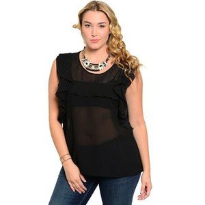 C.O.C. Ladies Sheer Tunic Top Pleated Ruffles Black Plus Size 2XL  NWT